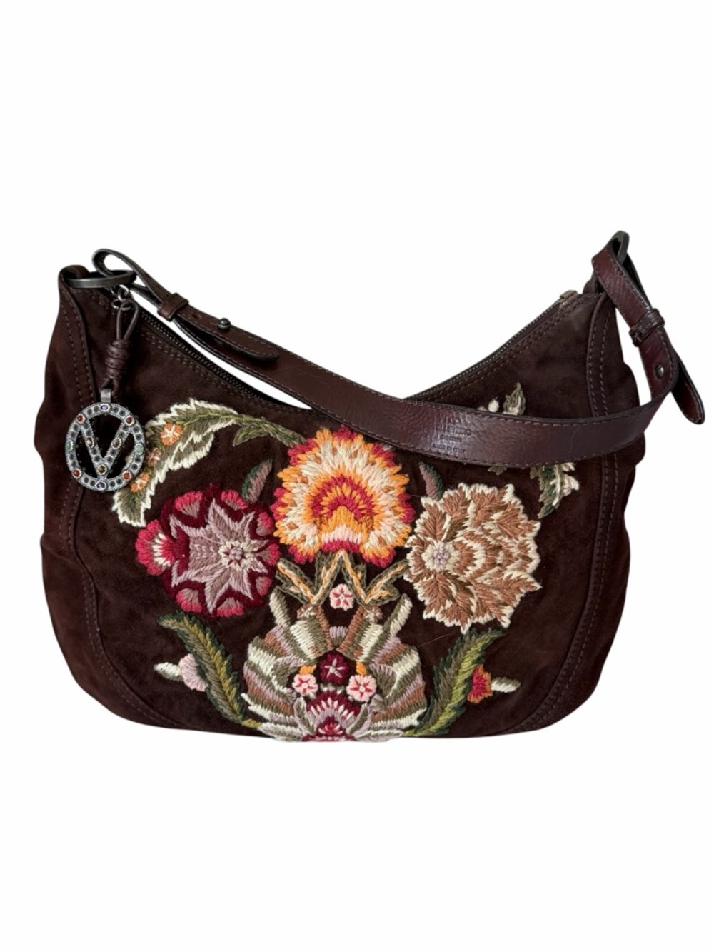 Valentino Garavani Brown Suede Embroidered Floral Hobo Bag Jeweled V Charm